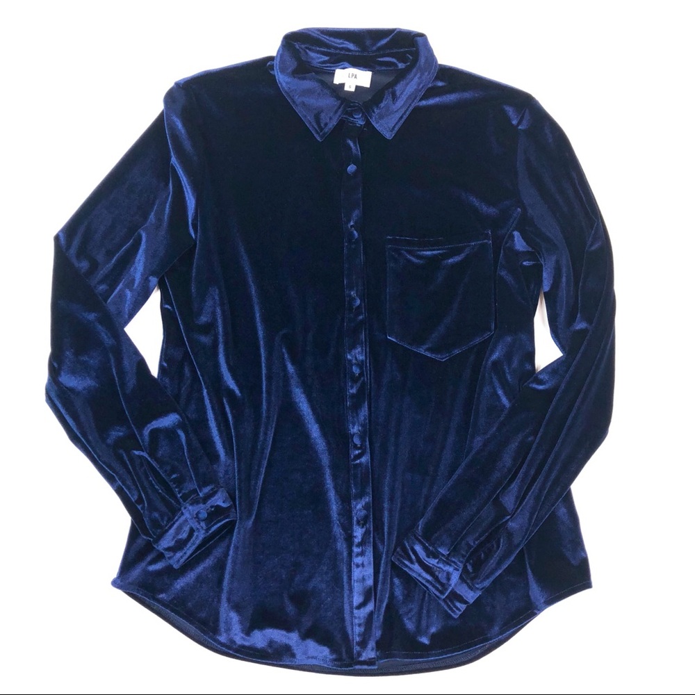 LPA Velvet Button Up Blouse Blue Small